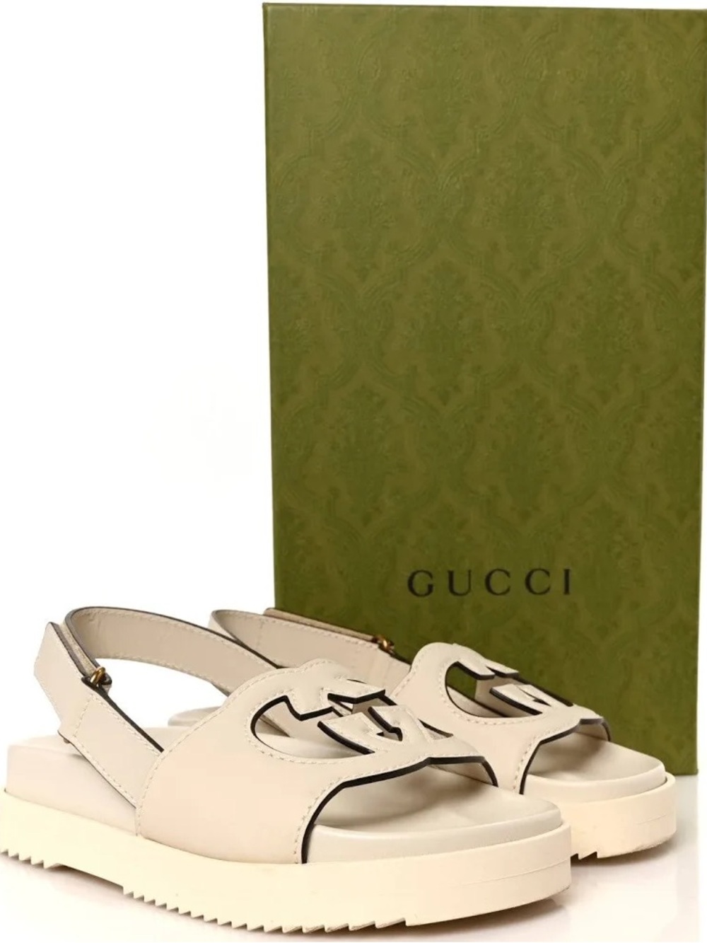 Gucci Cream Leather Logo Cutout Slingback Sandals